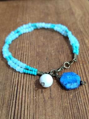 Ladies Turquoise Beaded Charm Bracelet with White and Blue Stones,  Handmade